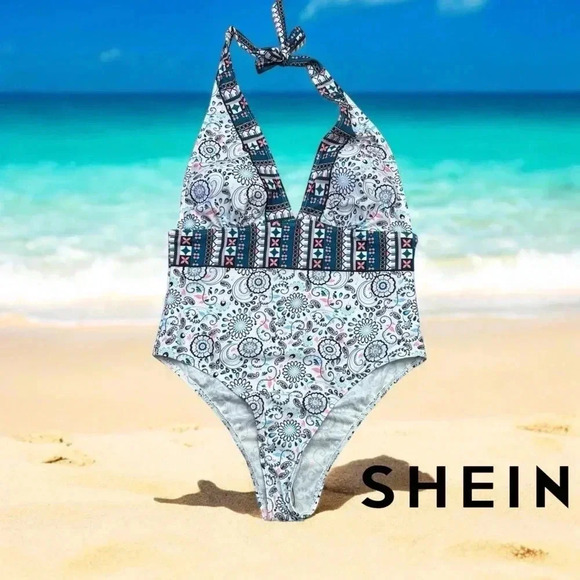 NWOT, SHEIN, One Piece Swimsuit, Large, White, Blue, Black & Pink ☀️ - Picture 1 of 8